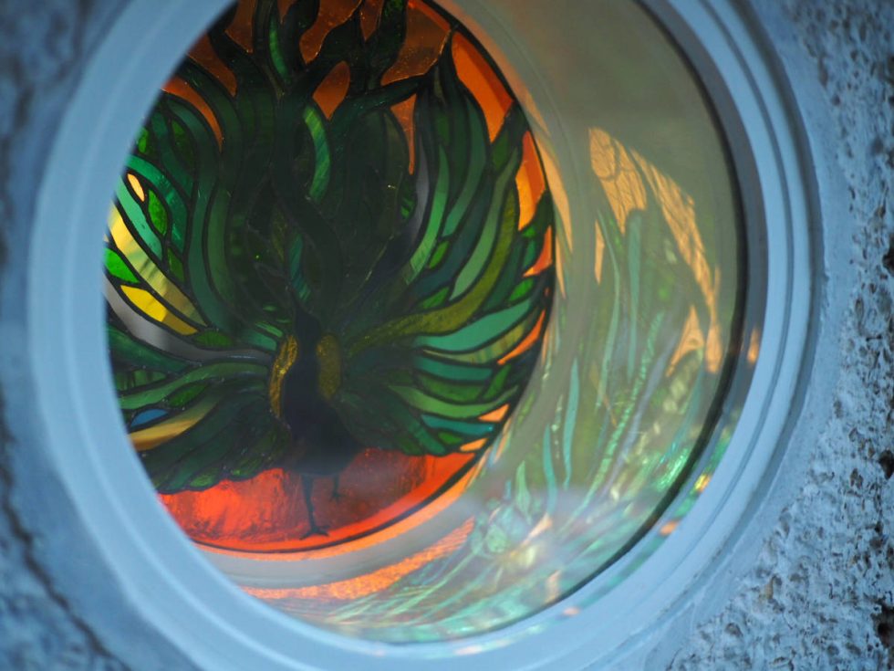 stained glass peacock design