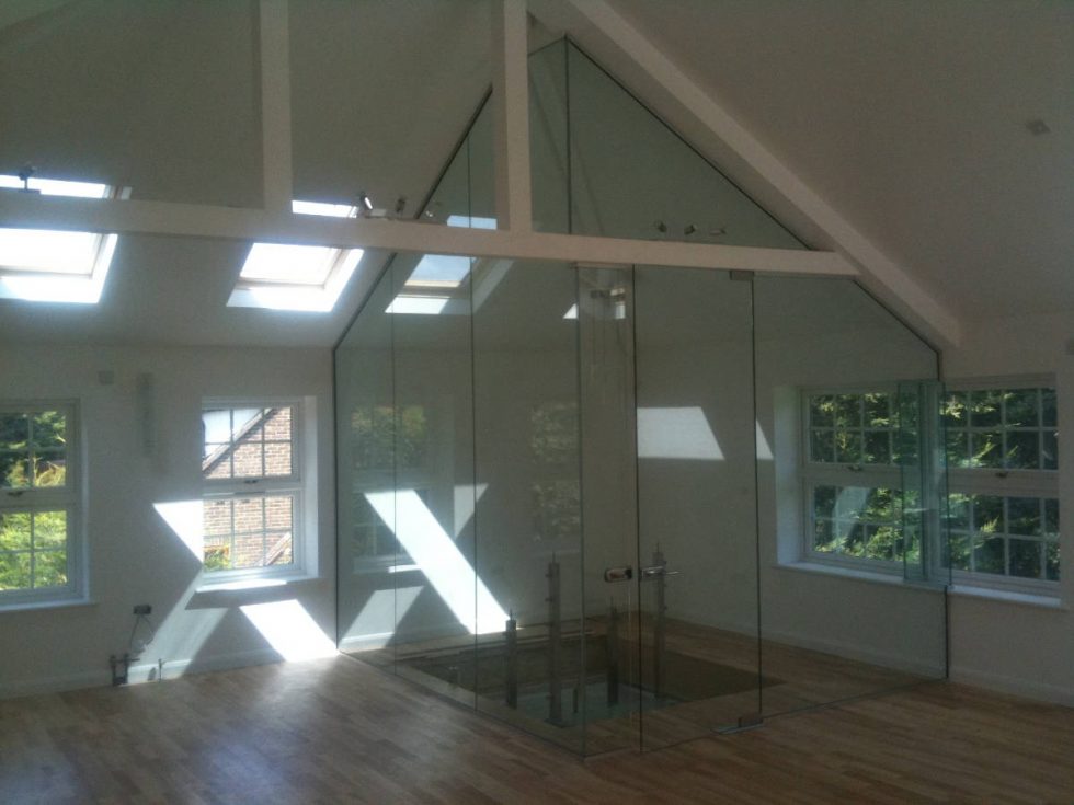 glass screen inside the buildings roof