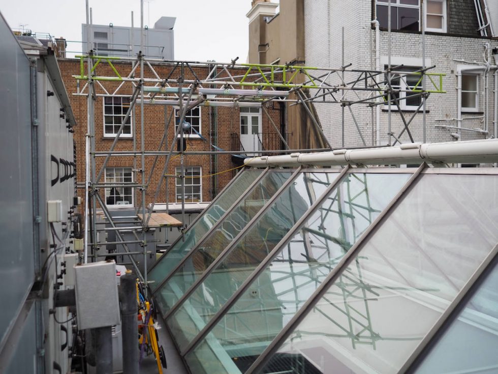 scaffolding on roof for high level glazing