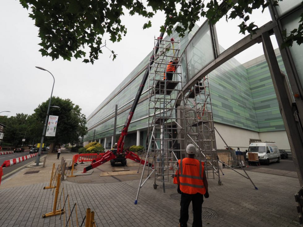 high level glazing with scaffolding